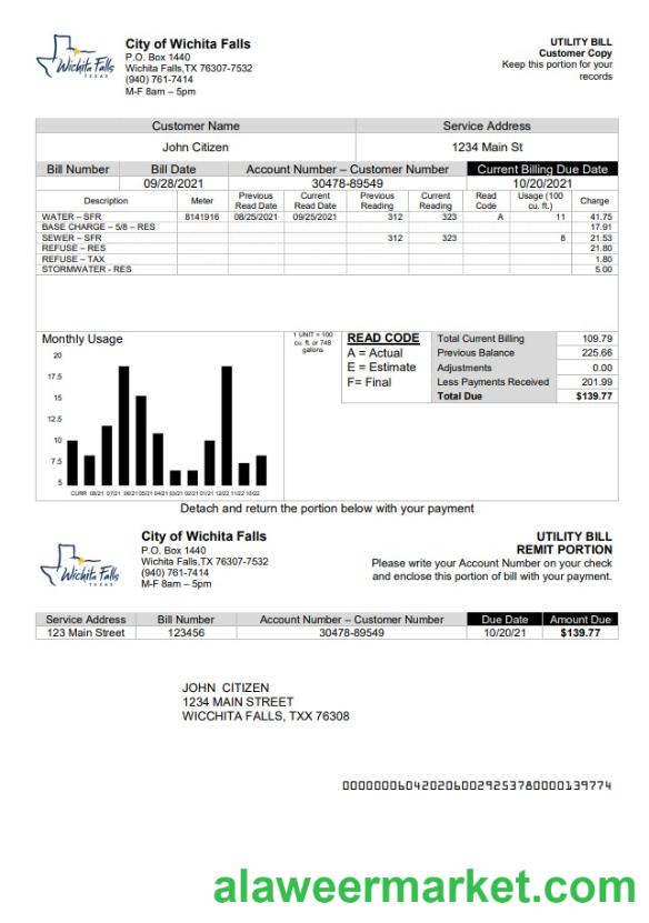USA The City of Wichita Falls Utility bill template in Word and PDF format